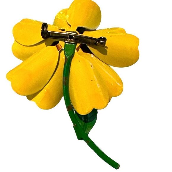 Mid century yellow brown green enamel floral large pin - Picture 7 of 7